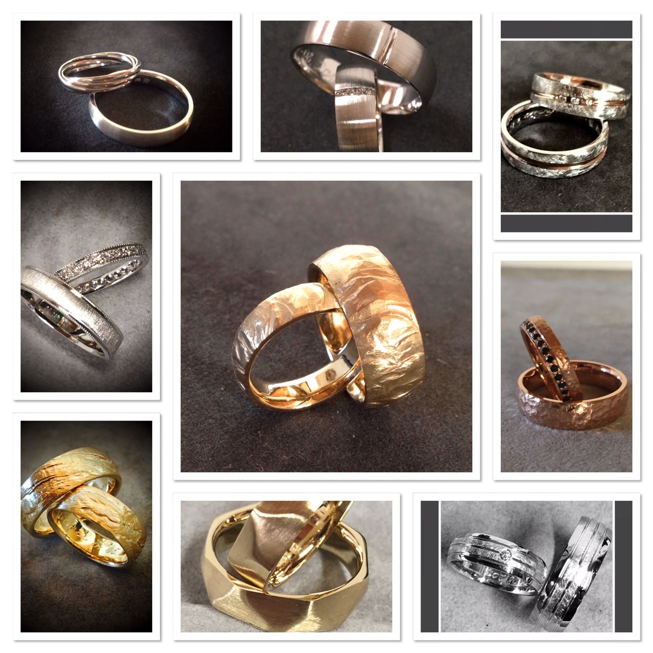 Verschiedene Eheringe in unterschiedlichen Metallen, Designs und Farben, einschließlich Gold, Silber und Roségold. Einige haben komplizierte Muster und andere sind schlicht.