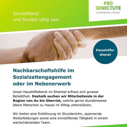 Eine Werbung für einen häuslichen Pflegedienst im Rheintal. Sie suchen Mitarbeiter, die ältere Menschen zu Hause in Teilzeit unterstützen können. Sie bieten Stundenlohn, Weiterbildungen und eine sinnvolle Tätigkeit in einem wertschätzenden Team an.
