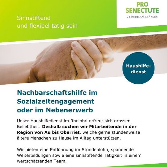 Eine Werbung für einen häuslichen Pflegedienst im Rheintal. Sie suchen Mitarbeiter, die ältere Menschen zu Hause in Teilzeit unterstützen können. Sie bieten Stundenlohn, Weiterbildungen und eine sinnvolle Tätigkeit in einem wertschätzenden Team an.