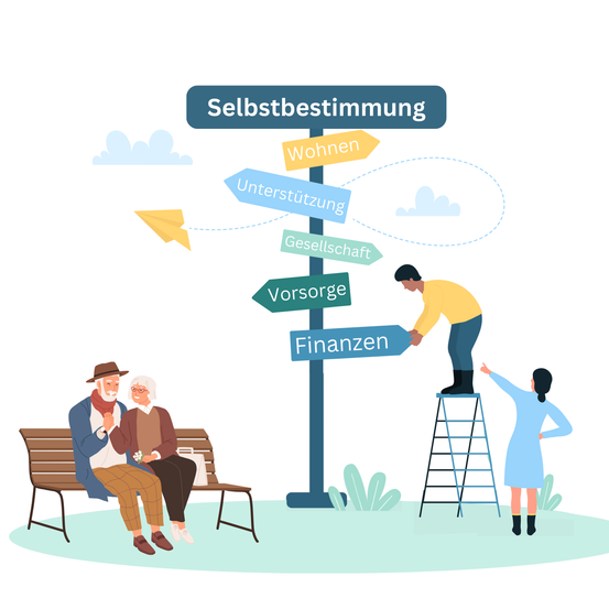 Eine Illustration eines Wegweisers mit verschiedenen Pfeilen in verschiedene Richtungen. Zwei ältere Menschen sitzen auf einer Bank, während eine Frau auf einer Leiter steht und ein Schild justiert.