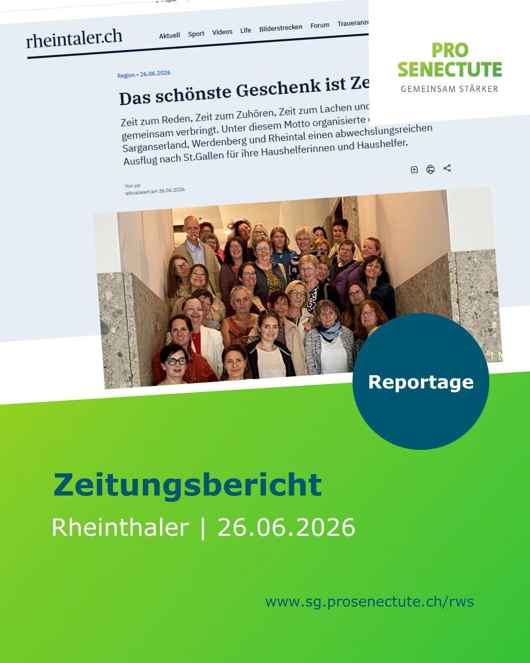 A group of people, including women and men, are standing together and smiling for a photo. The photo is titled 'Zeitungsbericht' and is from the Rheinthaler newspaper dated June 26, 2026.