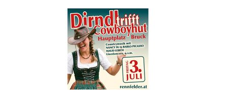 Eine Frau in traditioneller bayerischer Kleidung, lächelnd und eine Country-Musik-CD-Hülle haltend. Die Hülle zeigt den Text 'Dirndl-Triff Cowboyhut'. Die Veranstaltung ist am 3. Juli.