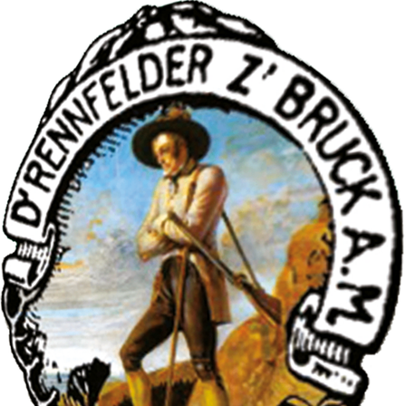 Das Bild zeigt ein Abzeichen mit einem Mann, der ein Gewehr hält, eine Mütze trägt und traditionelle Kleidung trägt, umgeben von einem kreisförmigen Rahmen mit dem Text 'D.Renfelder Z'Brick A.M'.