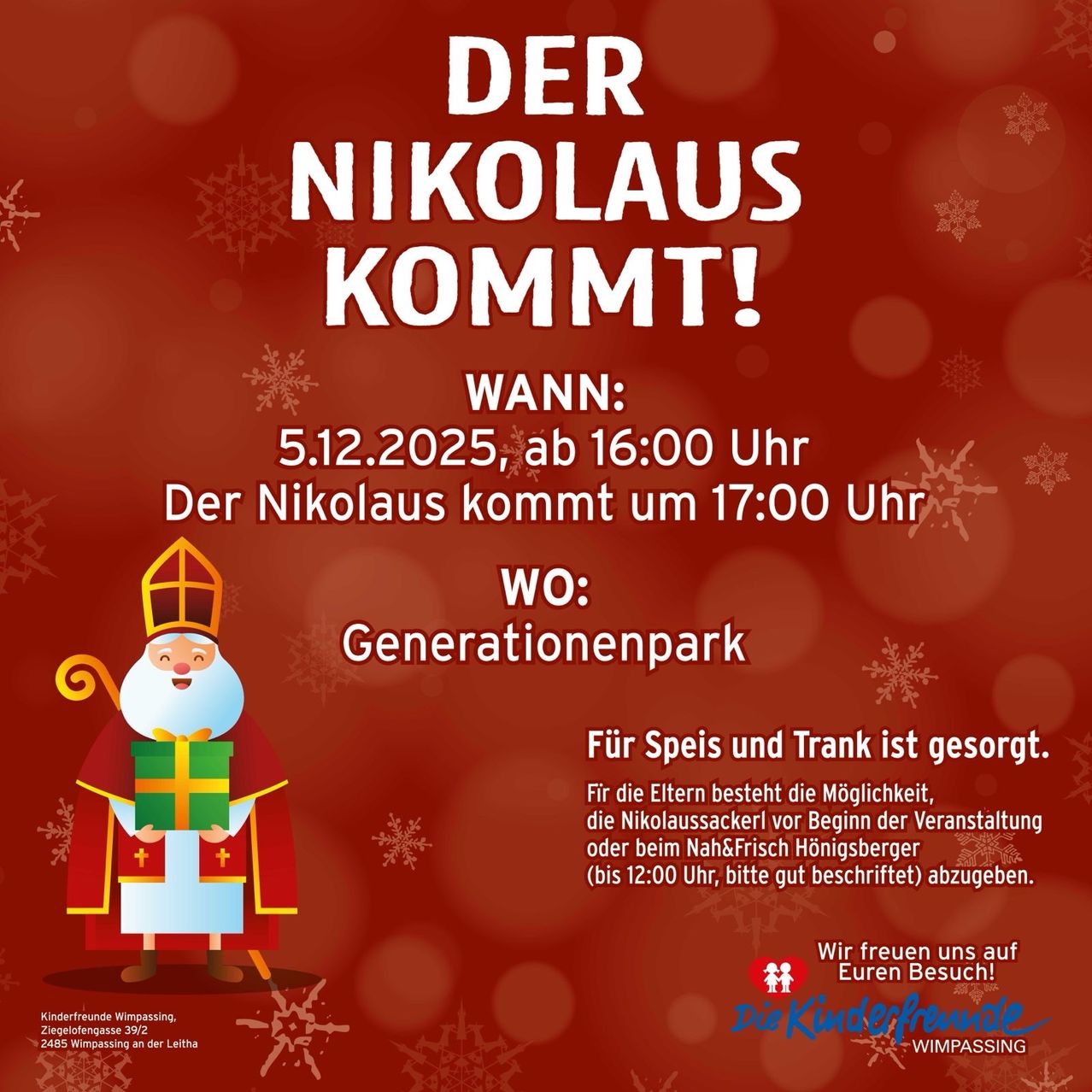 Poster announcing Nikolaus event. Date: 5.12.2025, starting at 16:00. Nikolaus arrival at 17:00. Location: Generationenpark. Food and drinks provided. Parents can drop off children at 12:00. Kinderfreunde Wimpasing, Zielhofengasse 39/2.