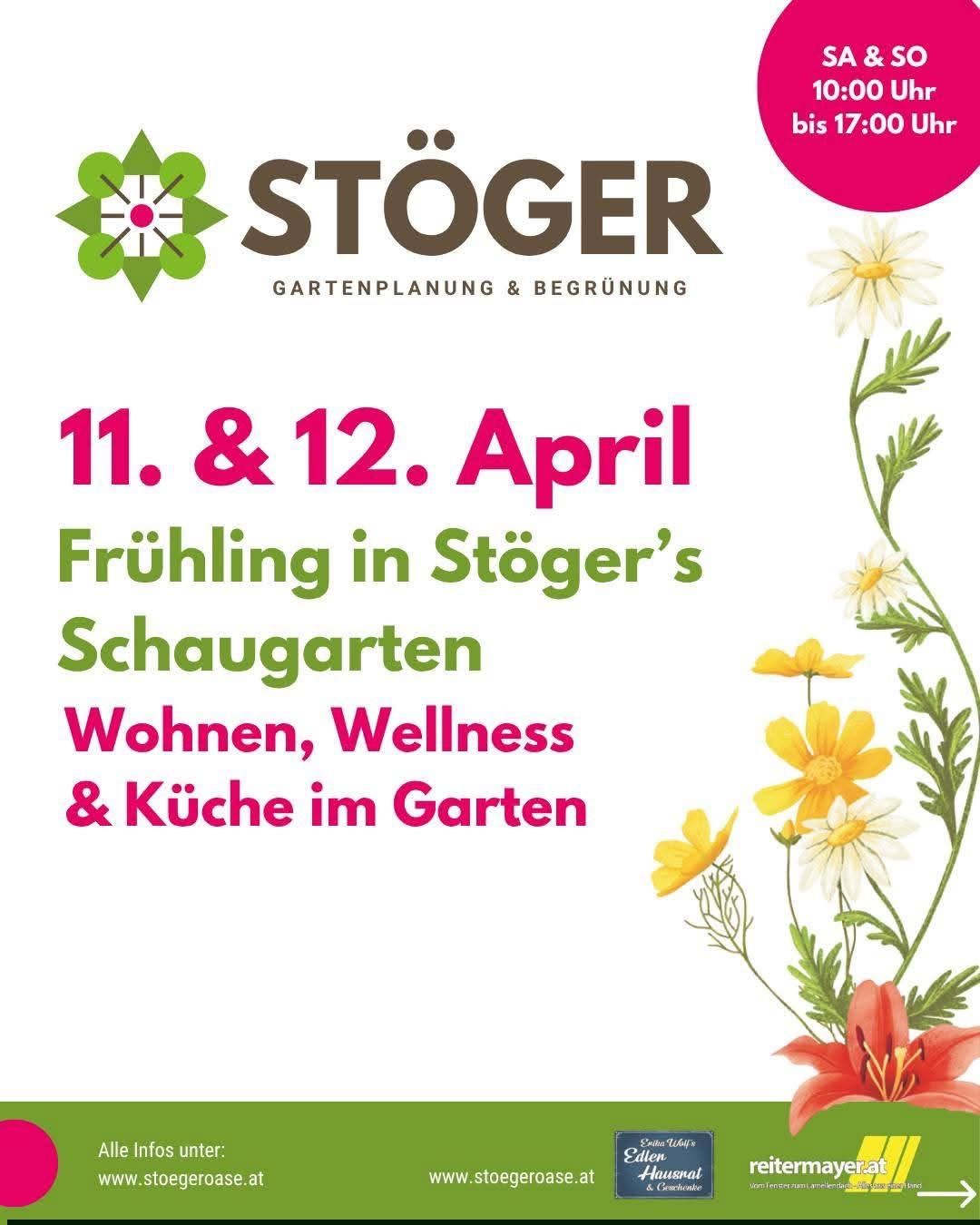 Poster for Stöger's garden event on April 11 and 12. It features flowers, plants, and the event name.