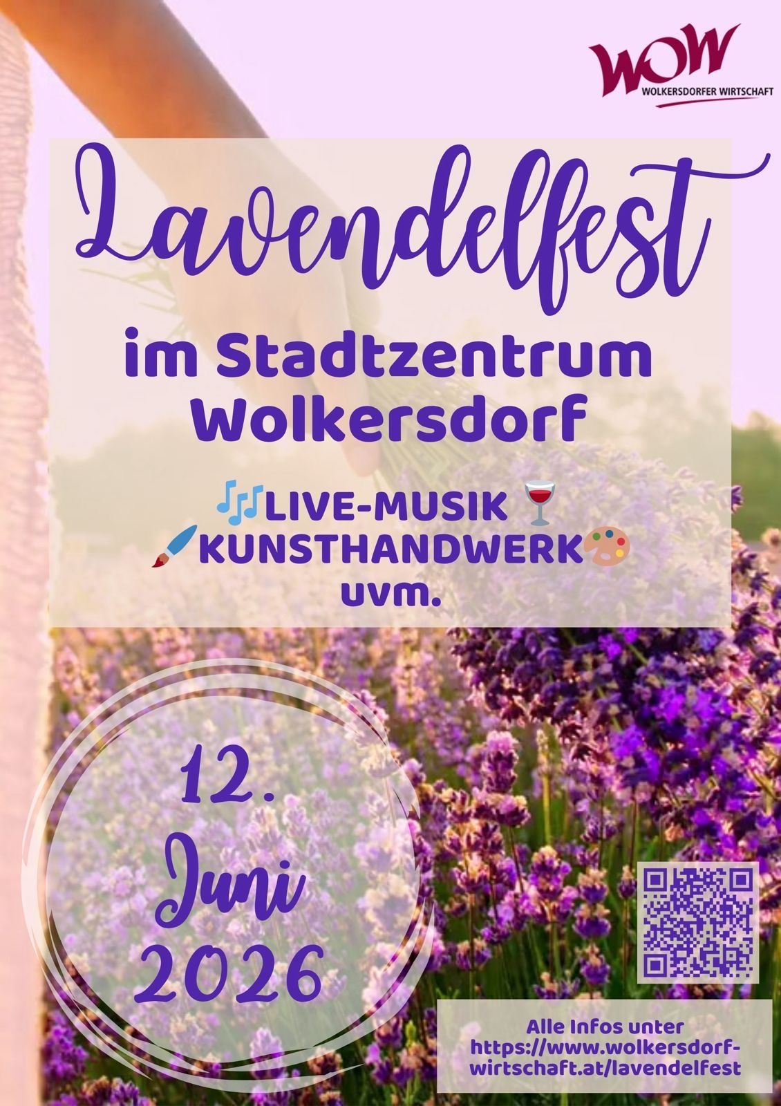 Lavender festival at the city center in Wolkersdorf with live music, art and more on June 12th. QR code included.