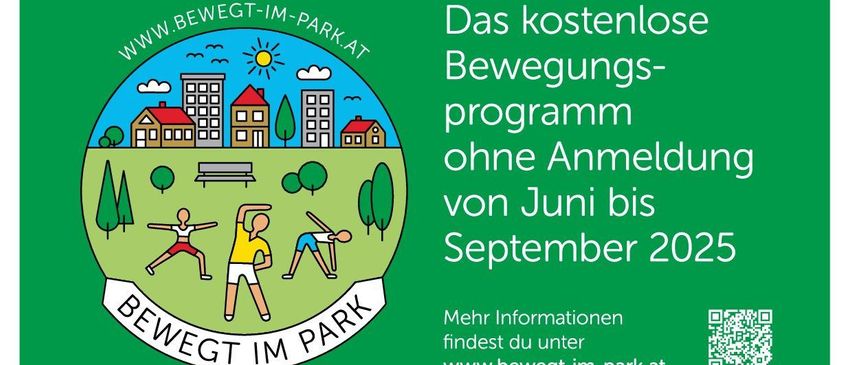 Poster für ein Fitnessprogramm im Reichenau/Rax Kurpark. Es zeigt ein Logo mit einer Parkszene und Text auf Deutsch. Das Programm läuft von Juni bis September 2025. Es umfasst Fitnessaktivitäten ohne Anmeldung, und die Teilnahme erfolgt freiwillig und auf eigene Gefahr. Der Plakat bietet auch eine Website für weitere Informationen und einen QR-Code für einfachen Zugriff.