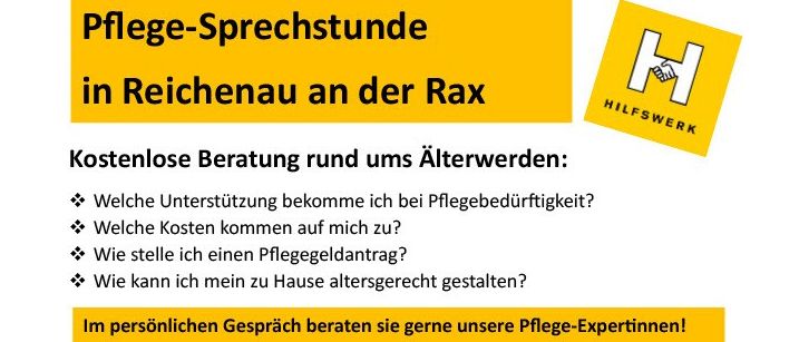 Eine Anzeige für kostenlose Beratungsgespräche rund um das Thema Altern in Reichenau an der Rax. Es zeigt eine Gruppe von Menschen, die sich die Hände halten, und ein Gebäude im Hintergrund. Der Text fragt nach Pflegeunterstützung, Kosten, Verträgen und häuslicher Pflege.