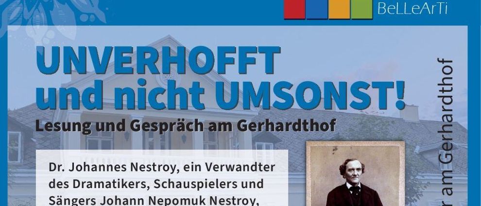 Ein Veranstaltungsplakat für Gerhardshof mit Dr. Johannes Nestroy und Dr. Claudia Girardi, die über Reichenau sprechen und aus Briefen und Werken lesen. Datum: 22. Nov, Zeit: 16:00. Freie Spenden willkommen.