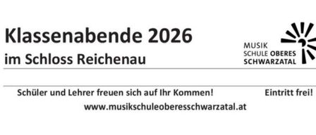 Das Bild zeigt eine Einladung für einen Konzertabend im Jahr 2026 in Schloss Reichenau. Der Text enthält einen Verweis auf eine Musikschule, einen Website-Link und eine Vorfreudebotschaft für die Teilnehmer.