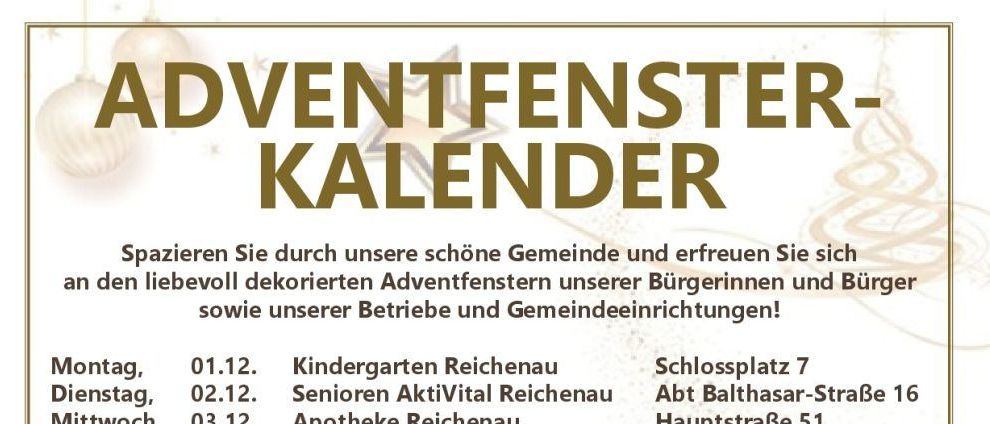 Das Bild listet dekorierte Adventfenster in Reichenau und seinen Einrichtungen auf. Es plant auch die Öffnung der Edlacher Klosterkapelle am 24.12.2025 mit einem Friedenslicht und Weihnachtsliedern am Heiligen Abend.