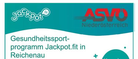 Flyer für ein Gesundheitssportprogramm Jackpot.fit in Reichenau. Zielgruppe umfasst Personen im Alter von 30-65 Jahren, Sportneulinge und Wiedereinsteiger sowie Personen mit Typ-2-Diabetes. Das Programm beginnt am 12. Februar 2026 mit Susanne Jagersberge als Trainerin. Die Kurse finden donnerstags von 17:00 bis 18:00 Uhr an der Volksschule Reichenau/Rax statt. Kontaktieren Sie Brigitte Decker für weitere Informationen.