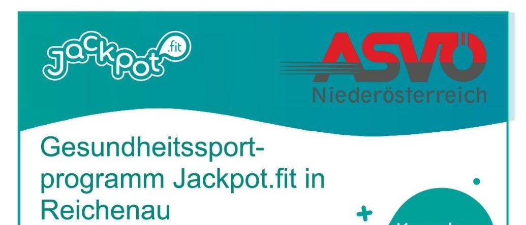 Flyer für ein Gesundheitssportprogramm Jackpot.fit in Reichenau. Zielgruppe umfasst Personen im Alter von 30-65 Jahren, Sportneulinge und Wiedereinsteiger sowie Personen mit Typ-2-Diabetes. Das Programm beginnt am 12. Februar 2026 mit Susanne Jagersberge als Trainerin. Die Kurse finden donnerstags von 17:00 bis 18:00 Uhr an der Volksschule Reichenau/Rax statt. Kontaktieren Sie Brigitte Decker für weitere Informationen.