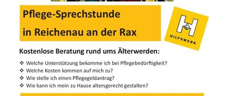 An advertisement for free care consultations in Reichenau an der Rax. It features a group of people holding hands in front of a building. It offers free advice on elder care, support, costs, care claims, and home care. It invites for a personal conversation with care experts.