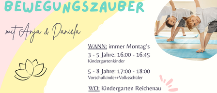 Ein Flyer für Yoga-Kurse für Kinder. Die Kurse finden jeden Montag statt. Es gibt verschiedene Zeiten für verschiedene Altersgruppen. Der Flyer enthält auch Preise für verschiedene Kurslängen.
