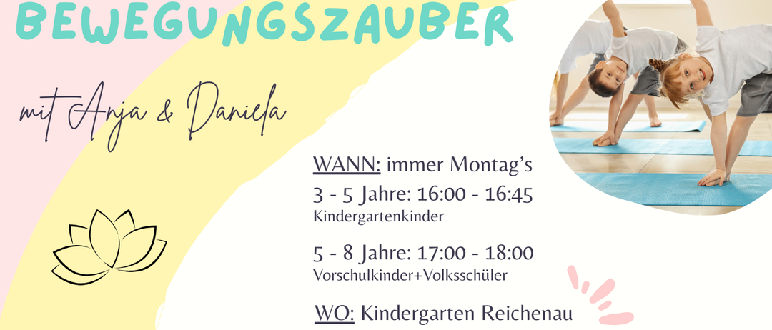 Ein Flyer für Yoga-Kurse für Kinder. Die Kurse finden jeden Montag statt. Es gibt verschiedene Zeiten für verschiedene Altersgruppen. Der Flyer enthält auch Preise für verschiedene Kurslängen.