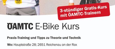 An advertisement for an ÖAMTC E-Bike course. It features people riding bikes with helmets and includes details like date and location.