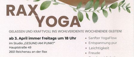Poster for yoga classes. A woman doing yoga poses. Text reads: 'Rax Yoga.' Schedules yoga classes on Fridays at 6 PM.