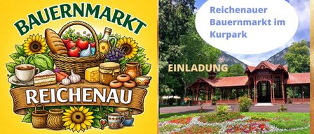 A vibrant yellow poster advertising a farmers market. It features a basket of produce, bottles, and other items. A sign reads 'Reichenmarkt' and 'Einladung Hennau'. There's also a scenic view of a wooden pavilion with a red roof.