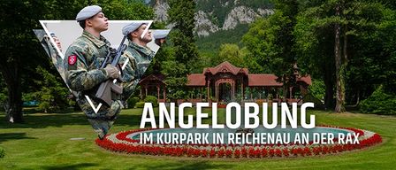 Soldiers in uniform stand in a park. A small building with a fountain is in the background. The text 'ANGELOBUNG IM KURPARK IN REICHENAU AN DER RAX' is displayed.