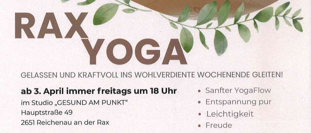 Yoga-Poster mit einer Frau in einer Yoga-Pose. 'RAX YOGA' steht über ihr. Die Sitzung ist jeden Freitag um 18 Uhr. Es bietet sanften Yoga-Flow und Entspannung.