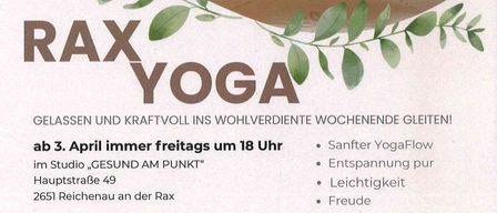 Yoga-Poster mit einer Frau in einer Yoga-Pose. 'RAX YOGA' steht über ihr. Die Sitzung ist jeden Freitag um 18 Uhr. Es bietet sanften Yoga-Flow und Entspannung.