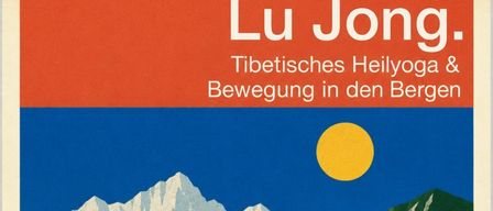 A poster depicts a yoga session in a mountainous region. Five people practice yoga poses on a grassy field with mountains in the background. Above them, the sun shines brightly. The house in the background reads 'Gasthof Flackl'.