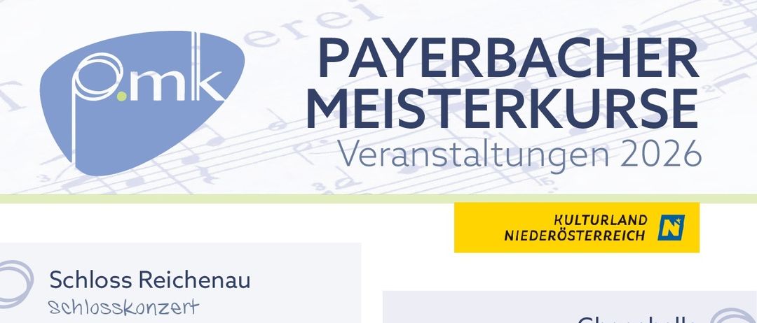 The poster details various music events for 2020. Schloss Reichenau hosts a concert on August 4, 2026, at 19:30. Gheghalle Payerbach has a master class on August 14, 2026, at 19:30. Stüberl in Breitenstein features classical and jazz music on August 6, 2026, at 19:00. Pfarrkirche Payerbach offers a church concert on August 16, 2026, at 11:30. Musical performance in Payerbach on August 8, 2026, is free.