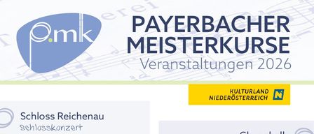 Das Plakat zeigt verschiedene Musikveranstaltungen für 2020. Schloss Reichenau veranstaltet ein Konzert am 04.08.2026 um 19:30 Uhr. Gheghalle Payerbach hat eine Meisterklasse am 14.08.2026 um 19:30 Uhr. Stüberl in Breitenstein bietet klassische und Jazzmusik am 06.08.2026 um 19:00 Uhr. Pfarrkirche Payerbach veranstaltet ein Kirchenkonzert am 16.08.2026 um 11:30 Uhr. Musikalische Aufführung in Payerbach am 08.08.2026 ist frei.