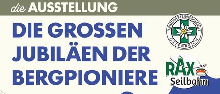 Plakat für das 75-jährige Jubiläum der Bergpioniere mit einem Mann in Uniform mit Rucksack und Seilbahn im Hintergrund. Die Veranstaltung ist vom 5. Juli bis 6. September 2026 geplant.