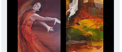 Poster for Jana Chudoba's Vernissage event on August 7, 2026, at 17:00. It features a painting of a woman in an orange dress and another abstract painting. The event is at Galerie 11er-Haus, Schlossplatz 11, Reichenau an der Rax, 2651.