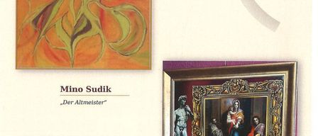 Eine Werbung für eine Kunstgalerie-Veranstaltung mit abstrakter Kunst von Christina Santini und einem Gemälde von Mino Sudik. Die Veranstaltungsdetails sind auf der linken Seite angegeben.