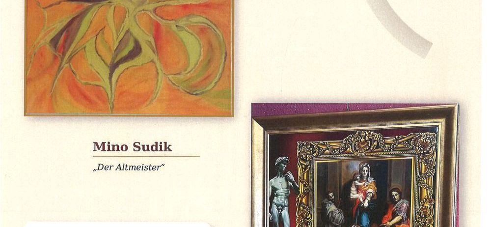 Eine Werbung für eine Kunstgalerie-Veranstaltung mit abstrakter Kunst von Christina Santini und einem Gemälde von Mino Sudik. Die Veranstaltungsdetails sind auf der linken Seite angegeben.