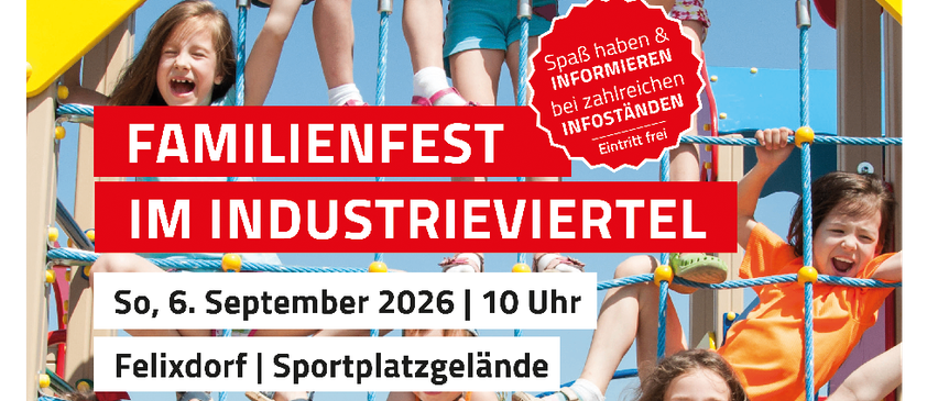 Poster for a family festival in an industrial area. It shows children playing on a playground with the date and time of the event. The text is in red and white.