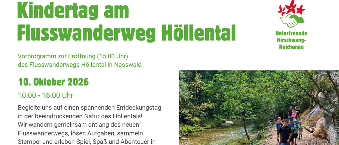 Ein Flyer für eine geführte Naturwanderung entlang eines neuen Flussweges in Nasswald, Deutschland, am 10. Oktober 2026. Die Veranstaltung beinhaltet Wandern, das Sammeln von Flusssteinen und Spielen. Teilnehmer erhalten einen Stempelpass.