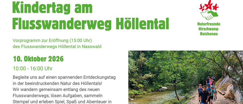 Ein Flyer für eine geführte Naturwanderung entlang eines neuen Flussweges in Nasswald, Deutschland, am 10. Oktober 2026. Die Veranstaltung beinhaltet Wandern, das Sammeln von Flusssteinen und Spielen. Teilnehmer erhalten einen Stempelpass.