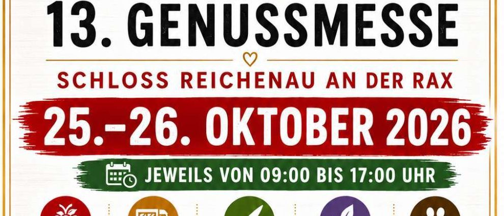 Poster for the 13th Genussmesse at Stadthalle Ternitz, featuring a logo with a strawberry, wheat, and a flower. The event will take place on October 25-26, 2026, from 9:00 AM to 5:00 PM. Categories include culinary specialties, food trucks, handmade goods, natural cosmetics, and pet care.