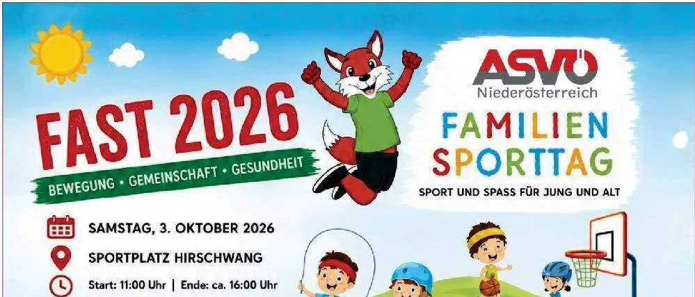 Plakat für den Fast Family Sports Day 2026, mit einem Cartoon-Fuchs, Kindern, die verschiedene Sportarten spielen, und einer Liste von Aktivitäten.
