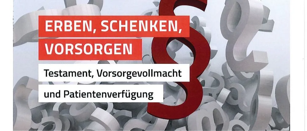 Ein roter und weißer Werbeflyer für eine Notarveranstaltung. Der Text lautet 'Erben, Schenken, Vorsorgen' und 'Testament, Vorsorgevollmacht und Patientenverfügung'. Die Veranstaltung findet am 10. November 2026 um 18:00 in Neunkirchen statt.