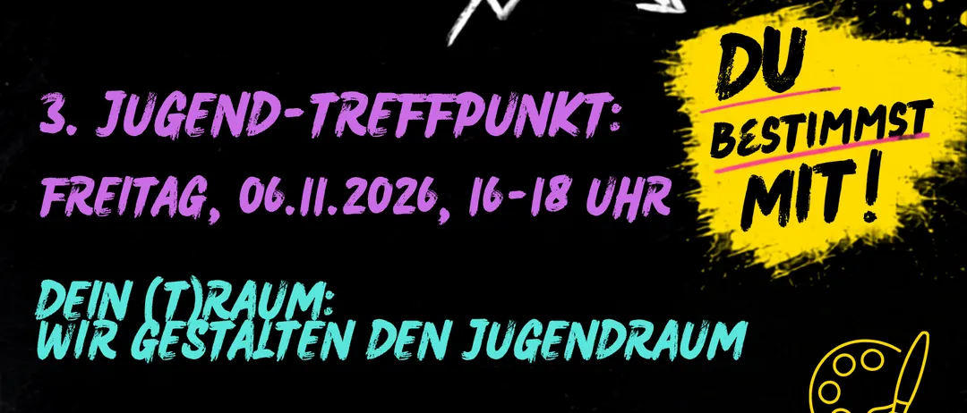 Ein Plakat, das eine Jugendversammlung an der Herzog Otto-Straße 7, Reichenau, am Freitag, 6. November 2026, von 16:00 bis 18:00 Uhr ankündigt. Das Plakat zeigt eine Silhouette von Menschen, die ihre Hände heben, ein Kronensymbol und ein Pinselsymbol.