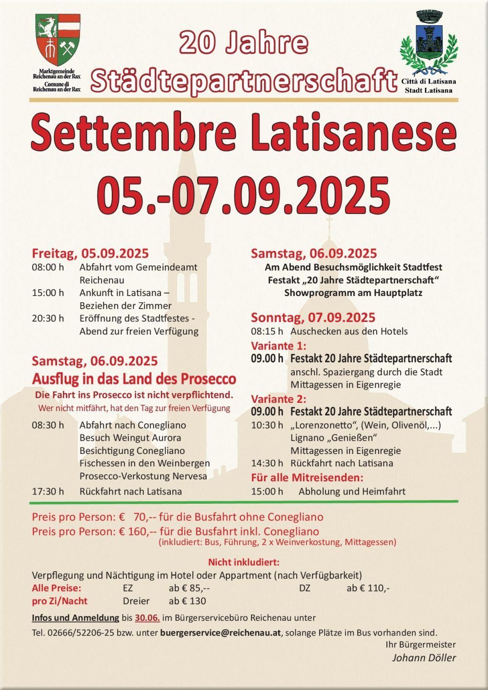 Ein September-Event in Latisana vom 05.09.2025 bis 07.09.2025. Aktivitäten umfassen eine Stadtführung, Weinverkostung und ein Fest. Ankunfts-, Abfahrtszeiten und Veranstaltungstermine sind angegeben.