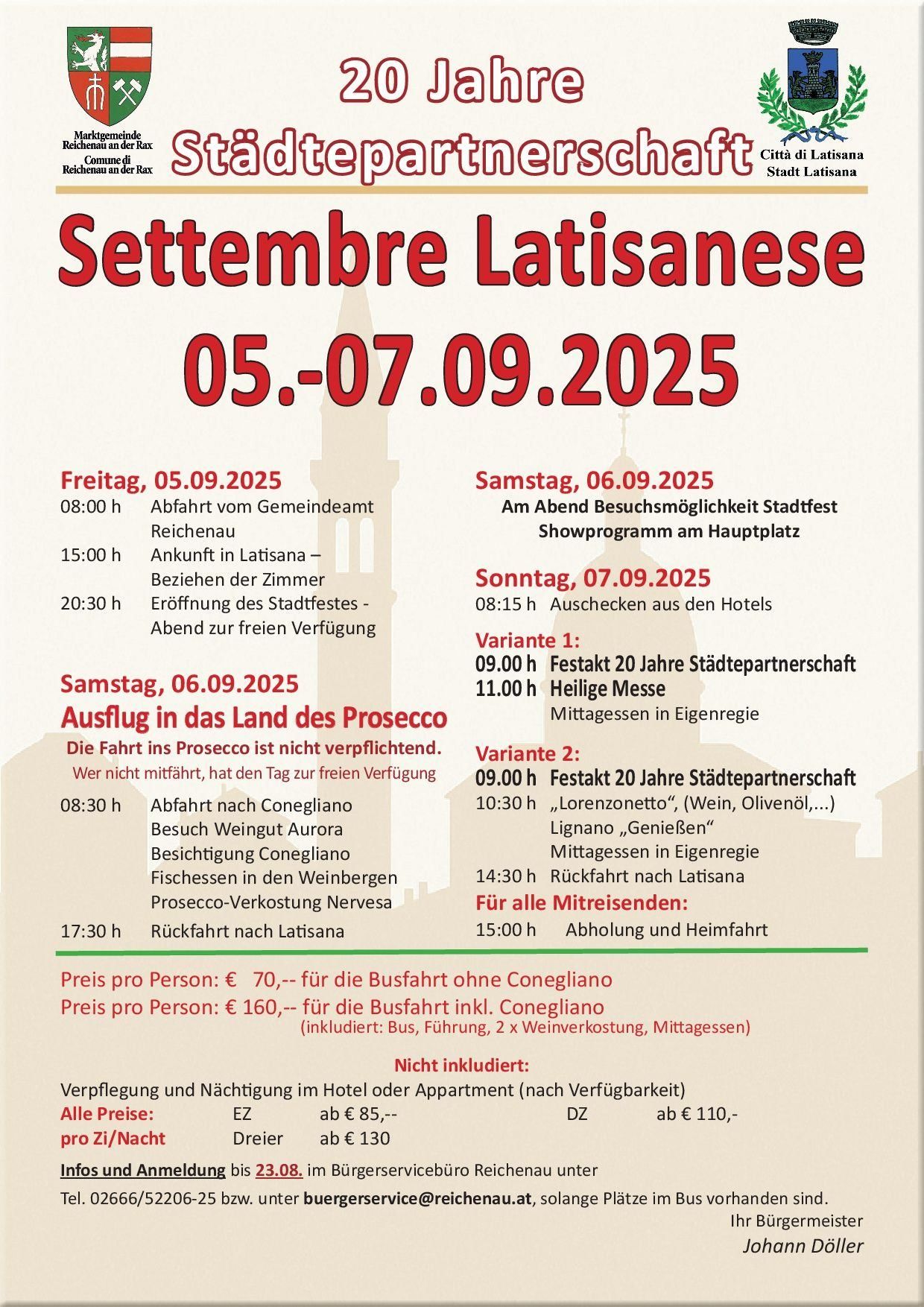Das Bild zeigt einen Reiseplan für eine Reise nach Latisana, Italien, vom 5. bis 7. September 2025. Am Freitag startet die Reise um 8:00 Uhr in Reichenau und kommt um 15:00 Uhr in Latisana an. Der Samstag beinhaltet einen Besuch der Prosecco-Weinberge und Weinverkostungen, mit Rückkehr um 17:30 Uhr. Am Sonntag gibt es ein Stadtfest und abends freie Zeit. Preisangaben und zusätzliche Dienstleistungen sind ebenfalls aufgeführt.
