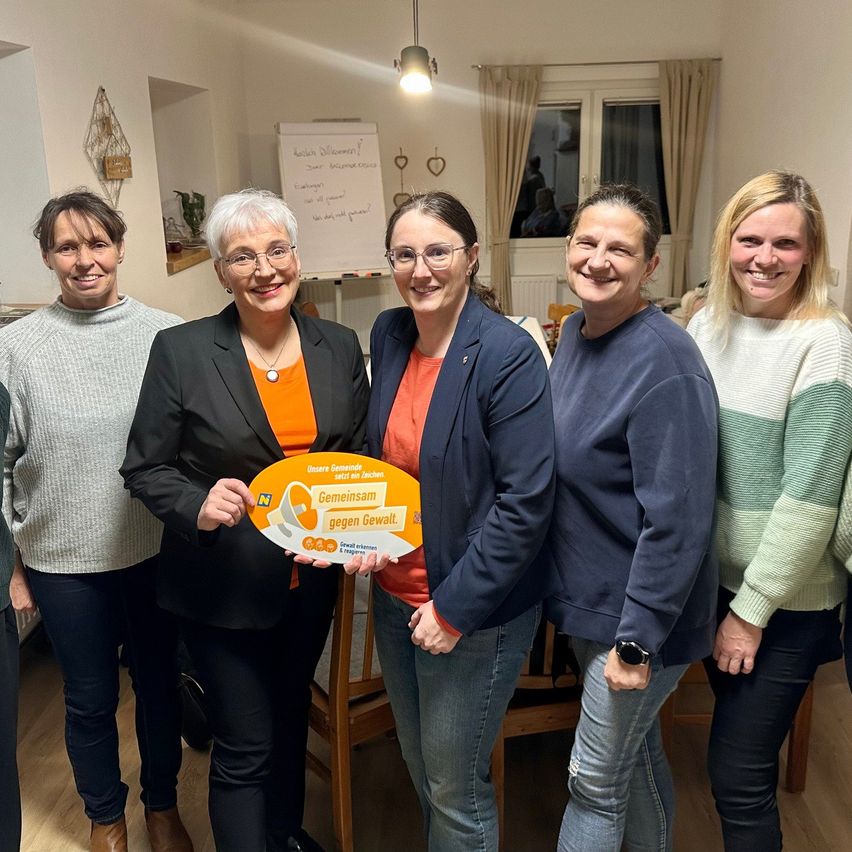 Fünf Frauen stehen eng beieinander und lächeln für ein Foto. Sie halten ein gelbes Schild mit weißem Text auf Deutsch, der 'Gemeinsam gegen Gewalt' bedeutet. Dahinter sind ein Whiteboard und Vorhänge zu sehen.