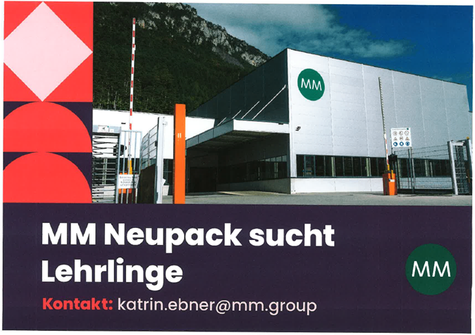 Ein Plakat zur Rekrutierung von Auszubildenden bei MM Neupack mit einem Gebäude und einem Berg im Hintergrund. Der Text lautet MM Neupack sucht Auszubildende.