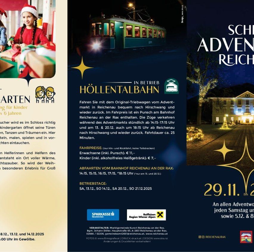 Plakat mit einem kleinen Mädchen in einer Weihnachtsmütze, einem Spielbereich für Kinder und einer Zugstrecke. Datum und Uhrzeit für Veranstaltungen sind aufgeführt, zusammen mit einem Logo und Sponsoreninformationen.