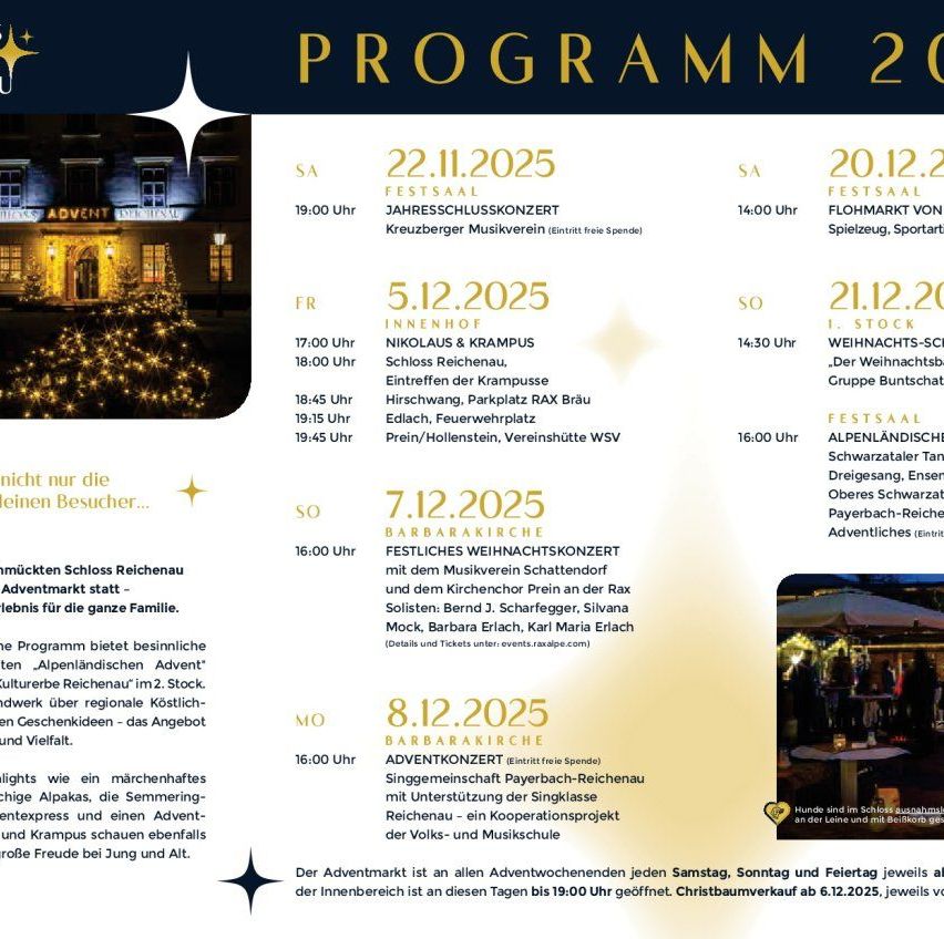 Plakat mit einem Adventprogramm mit verschiedenen Terminen und Veranstaltungen, darunter Musikkonzerte, ein Weihnachtsmarkt und eine Weihnachtsbaumbeleuchtung. Das Programm umfasst Veranstaltungen wie ein Weihnachtskonzert in Kreuzberg, Nikolaus und Krampus in Hirschwang und ein Weihnachtskonzert in der Barbarakirche.