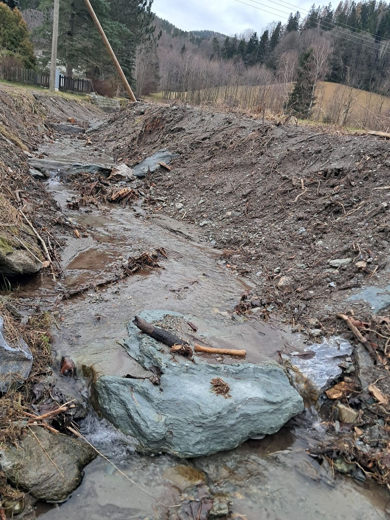 Ein kleiner Bach fließt durch einen schlammigen Pfad mit Steinen, Ablagerungen und Ästen. Das Gebiet ist von kahlen Bäumen und trockenem Gras umgeben.