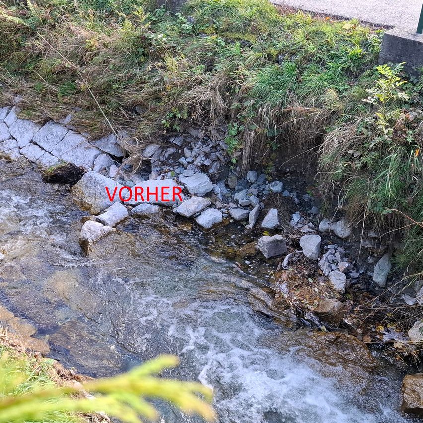Ein kleiner Wasserstrom fließt durch ein felsiges Gebiet, gekennzeichnet mit dem Wort 'Vorher' in Rot.