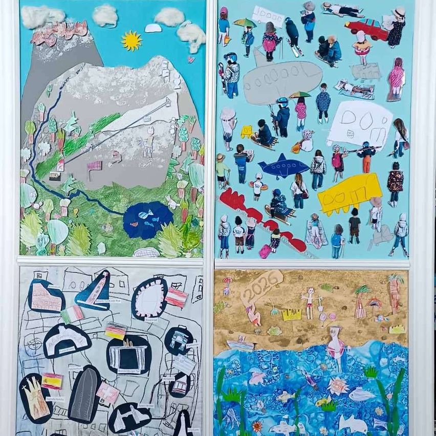 Ein Collage mit vier Teilen. Oben links Berge und Bäume. Oben rechts Menschen in verschiedenen Aktivitäten. Unten links Gebäude und Strukturen. Unten rechts ein Strand mit Figuren und Meereslebewesen.