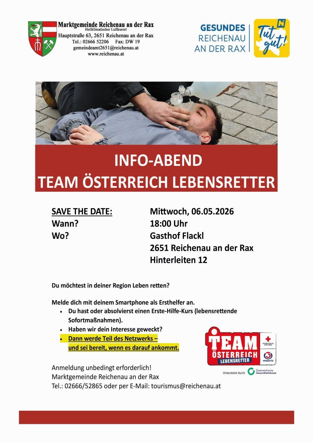 An info evening for Team Osterreich Lebensretter. Date: Wednesday, 06.05.2026, 18:00. Location: Gasthof Flackl, 2651 Reichenau an der Rax Hinterleiten 12. Sign up to be a first aider. Registration required.